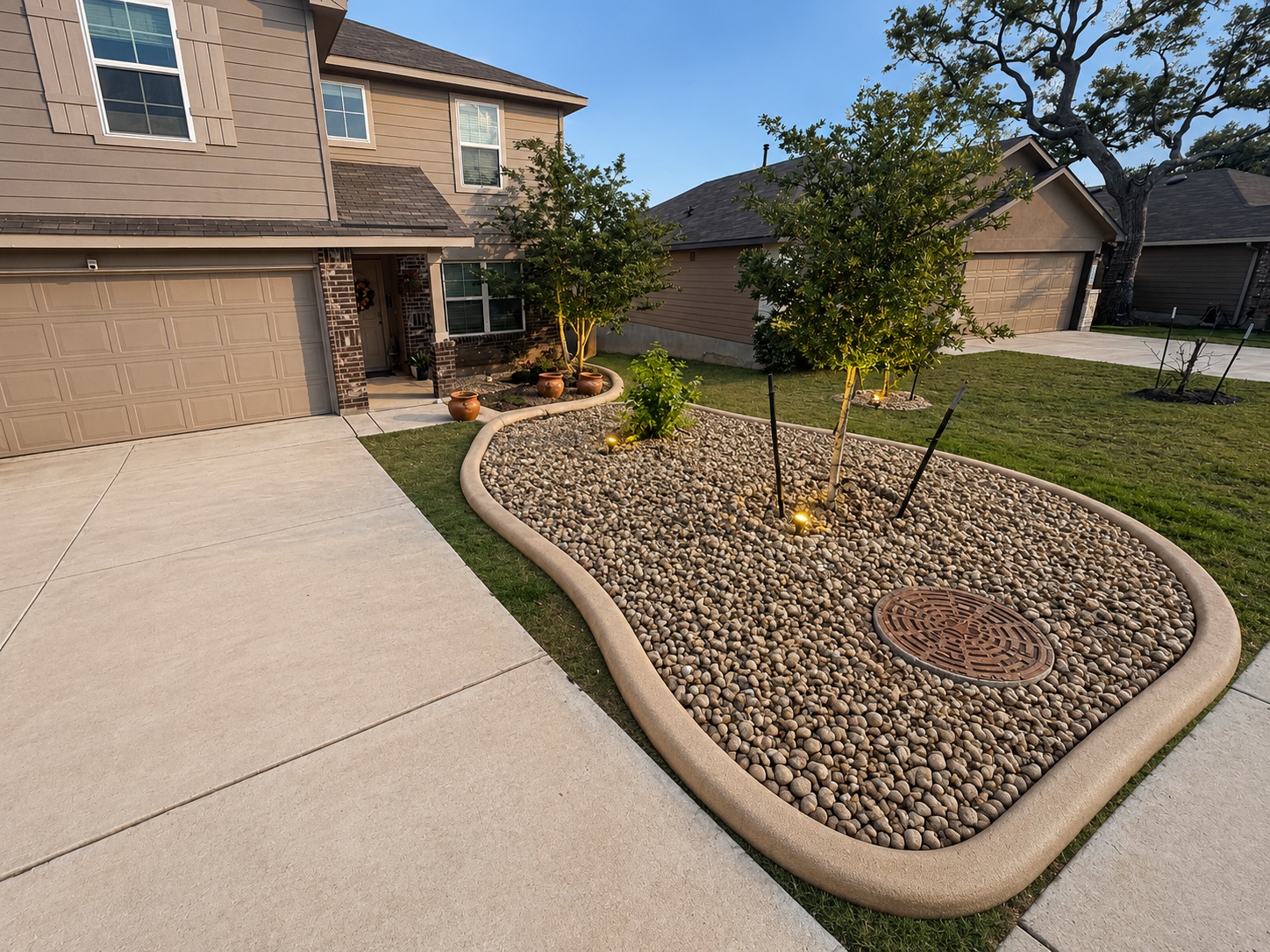Illustrative landscape design showing curved concrete edging around a planting bed